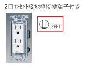 シンボル　記号　2口コンセント(ダブルコンセント)　2P15A　接地端子　接地極接地端子付　2EET