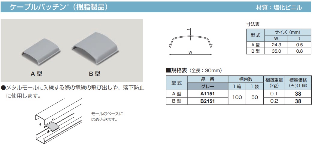 A1151 メタルモール付属品 ケーブルパッチン(A型・グレー・樹脂製品)
