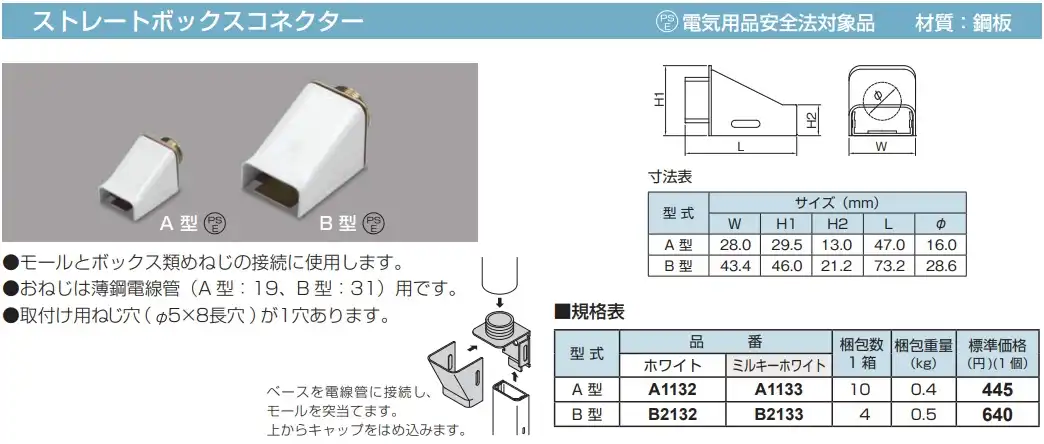 B2132 メタルモール付属品 ストレートボックスコネクター(B型・ホワイト)