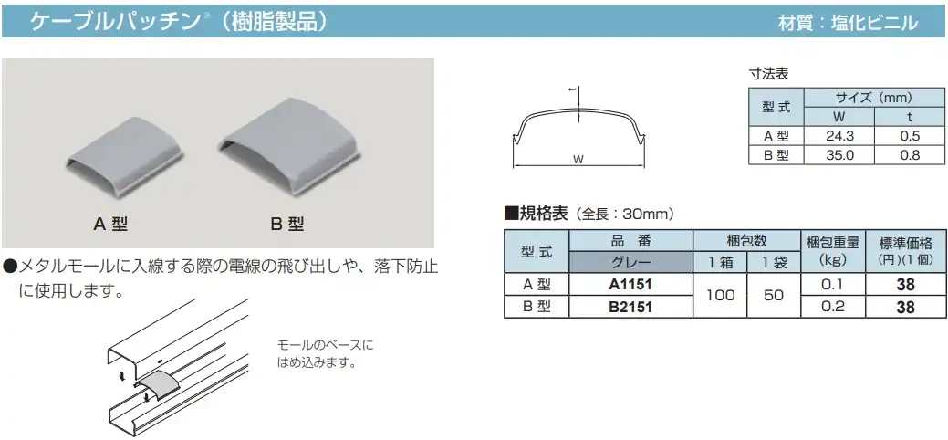 B2151 メタルモール付属品 ケーブルパッチン(B型・グレー・樹脂製品)