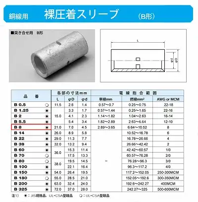 B8 裸圧着スリーブ(Bスリーブ)(突き合せ用B形)標準