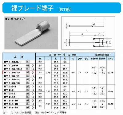 BT1.25-10 ブレード端子(BT形・Sタイプ)