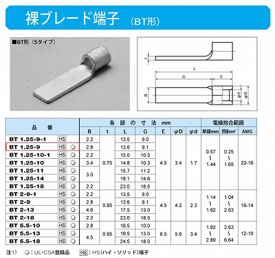 BT1.25-9 ブレード端子(BT形・Sタイプ)