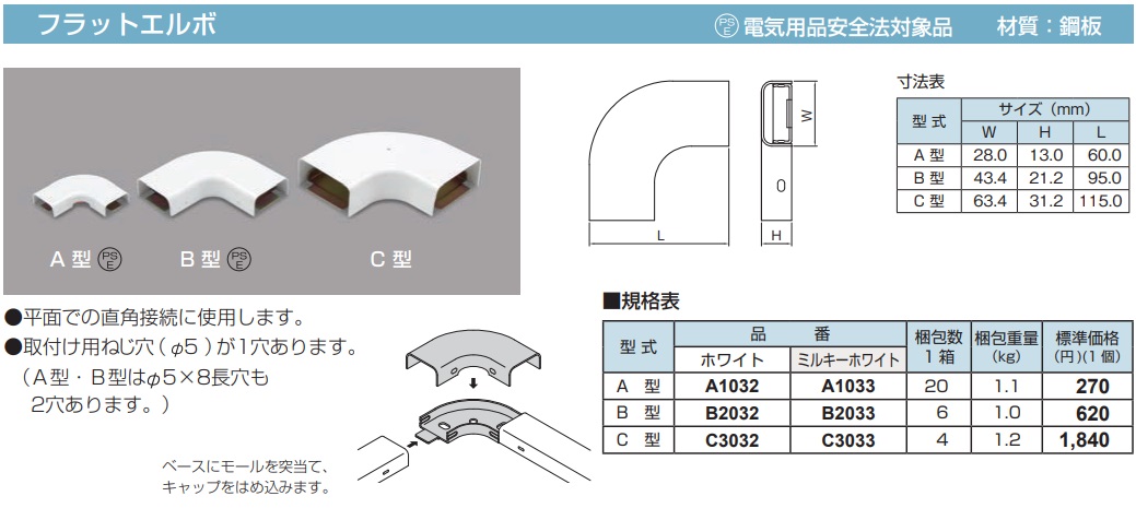 C3032 メタルモール付属品 フラットエルボ(C型・ホワイト)