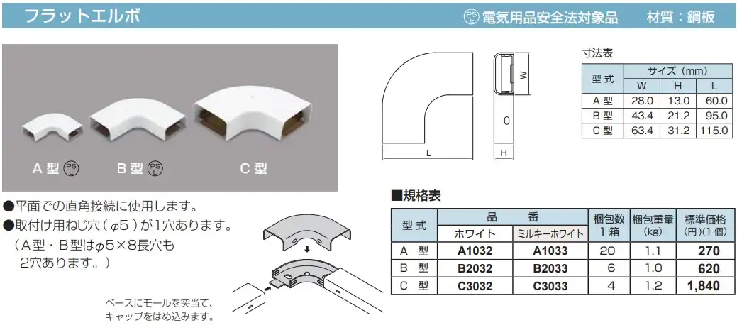 C3032 メタルモール付属品 フラットエルボ(C型・ホワイト)
