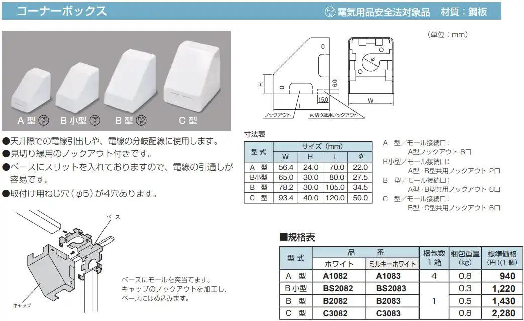 C3082 メタルモール付属品 コーナーボックス(C型・ホワイト)