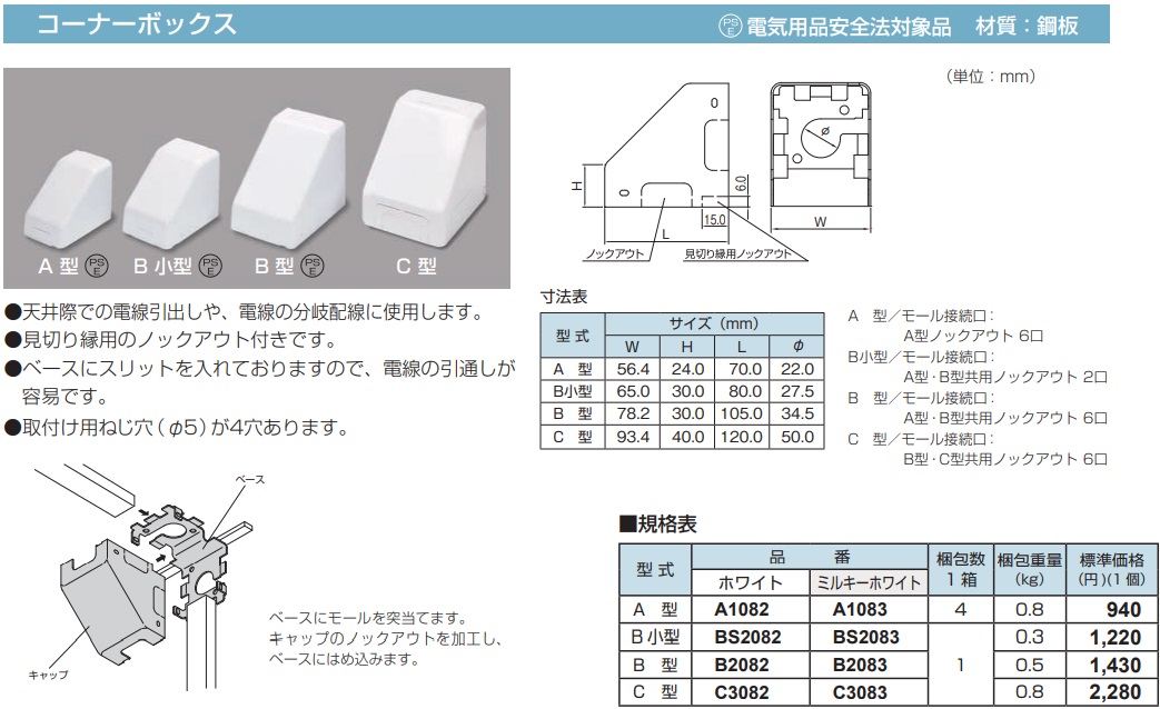 C3083 メタルモール付属品 コーナーボックス(C型・ミルキーホワイト)