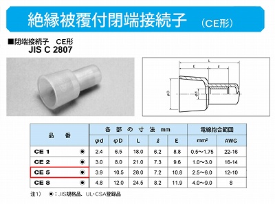 CE5 絶縁キャップ付スリーブ(絶縁被覆付閉端接続子)(CE形)(1袋100個)