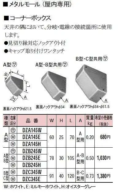 DZA145E メタルモール付属品-コーナーボックス(A型)(ミルキーホワイト)
