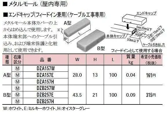 DZA157E メタルモール付属品-エンドキャップ(A型)(ミルキーホワイト)(フィードイン兼用)
