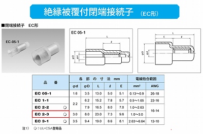 EC2-3 絶縁キャップ付スリーブ(絶縁被覆付閉端接続子)(EC形)(1袋100個)