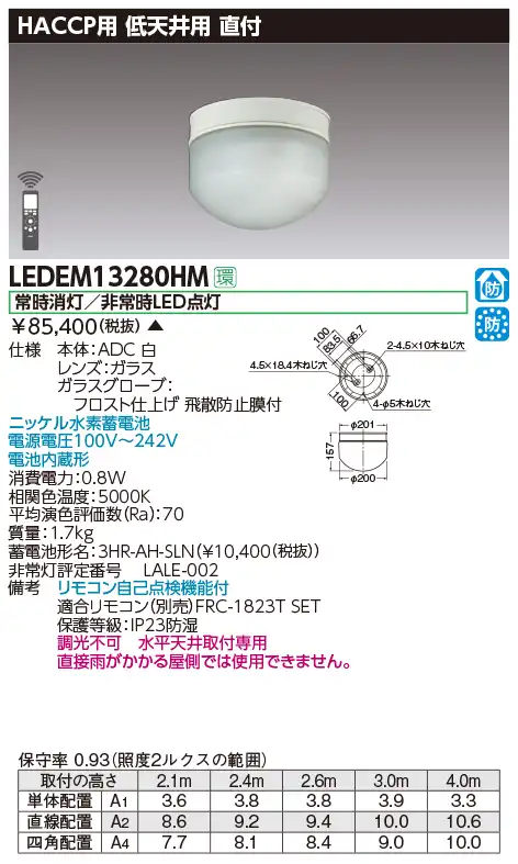 LEDEM13280HM LED非常灯直付HACCP用低天専用形-3m