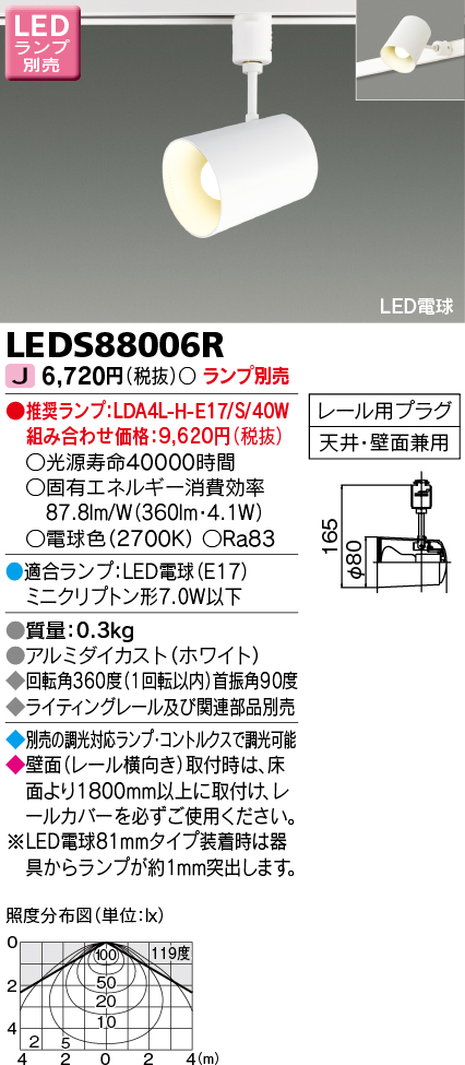 LEDS88006R LEDスポットライト(ライティングレール用)(ランプ別売)口金E17