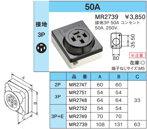 MR2739 露出コンセント(接地3P・50A・250V)