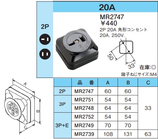 MR2747 露出コンセント(2P・20A・250V)(角形・黒)