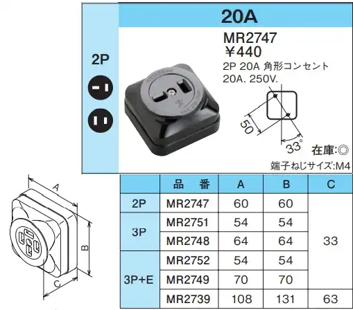 MR2747 露出コンセント(2P・20A・250V)(角形・黒)