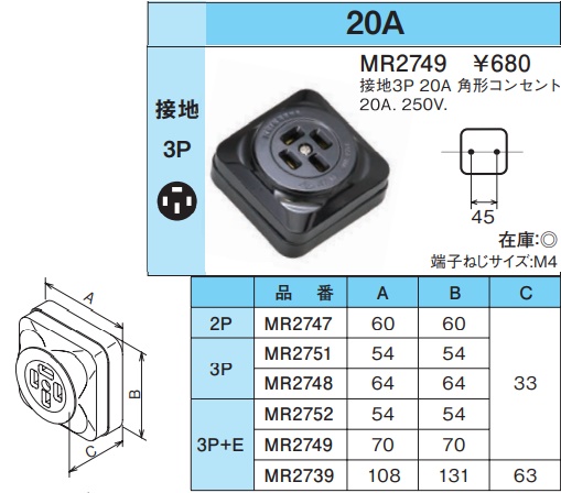 MR2749 露出コンセント(接地3P・20A・250V)(角形)