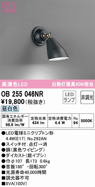 OB255046NR ブラケット 壁面取付専用 非調光・昼白色 白熱灯60W相当 鋼（黒色ワイピング） ダイカスト（銀イブシ）