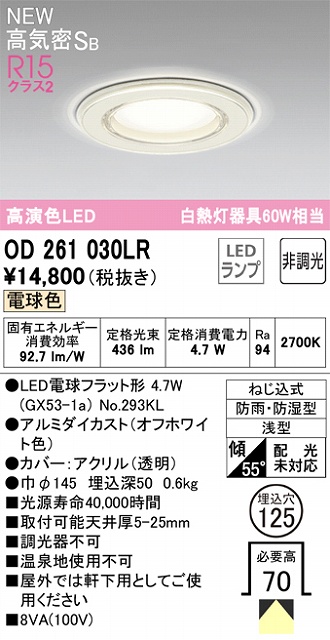 OD261030LR 高演色ダウンライトΦ125防雨防湿 60W相当 非調光・電球色