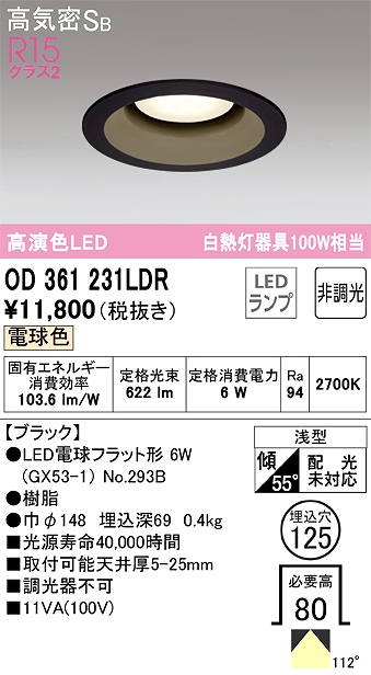 OD361231LDR ダウンライト 埋込穴φ125 白熱灯100W相当 非調光・電球色 拡散配光 ブラック