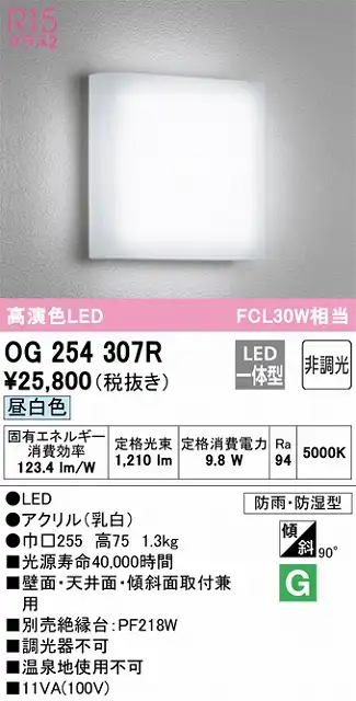 OG254307R ポーチライト 人感センサなし　FCL30W相当 非調光・昼白色 防雨防湿型