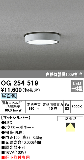 OG254519 LED軒下灯 防雨型 白熱灯100W相当 非調光・昼白色 枠：マットシルバー