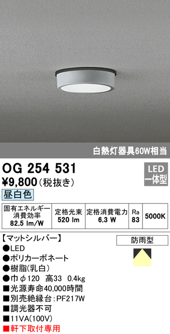 OG254531 LED軒下灯 防雨型 白熱灯60W相当 非調光・昼白色 枠：マットシルバー