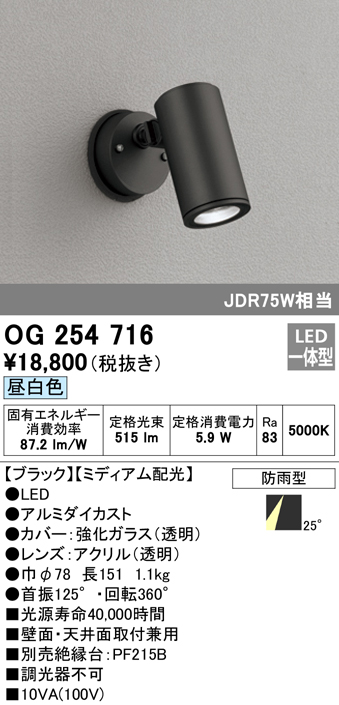 OG254716 屋外用スポットライト フレンジ型 ダイクロハロゲン(JDR)75W相当 昼白色 ミディアム配光 色：ブラック
