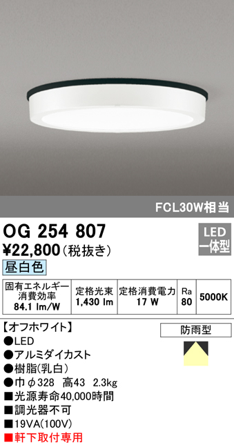OG254807 LED軒下灯 防雨型 FCL30W相当 非調光・昼白色 枠：オフホワイト