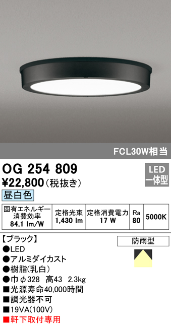 OG254809 LED軒下灯 防雨型 FCL30W相当 非調光・昼白色 枠：ブラック