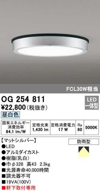 OG254811 LED軒下灯 防雨型 FCL30W相当 非調光・昼白色 枠：マットシルバー