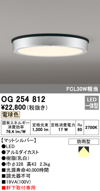 OG254812 LED軒下灯 防雨型 FCL30W相当 非調光・電球色 枠：マットシルバー