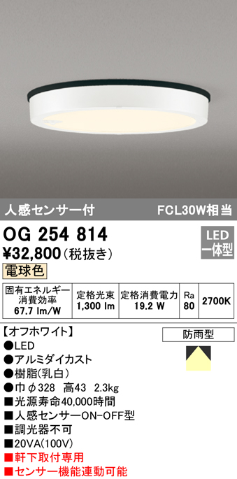OG254814 LED軒下灯 防雨型 FCL30W相当 非調光・電球色  人感センサ付 枠：オフホワイト