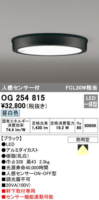OG254815 LED軒下灯 防雨型 FCL30W相当 非調光・昼白色  人感センサ付 枠：ブラック