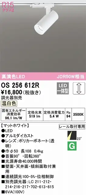 OS256612R スポットライト プラグタイプ 壁面取付可能型 調光タイプ（温白色） 調光器別売 ミディアム配光 ホワイト