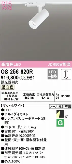OS256620R スポットライト プラグタイプ 壁面取付可能型 調光タイプ（温白色） 調光器別売 ワイド配光 ホワイト