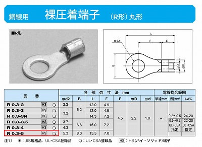 R0.3-5 丸形圧着端子(R形)