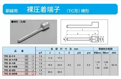 TC2-20S 棒形圧着端子(TC形)(丸棒)
