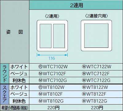 WT8102W コスモシリーズワイド21 スイッチプレート(スクエア)(2連用)(ホワイト)