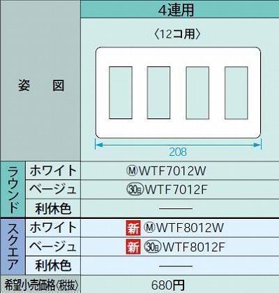 WTF8012W コンセントプレート(スクエア)12コ用(ラウンド)(ホワイト)