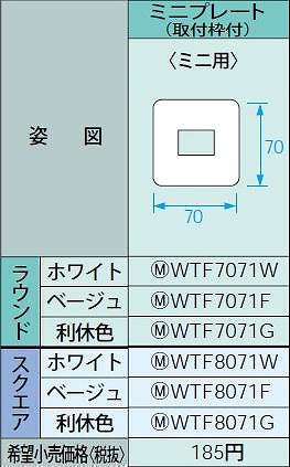 WTF8071W ミニコンセントプレート(スクエア)(取付枠付)(ラウンド)(ホワイト)