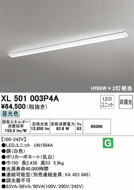 ユニット型ベースライト 逆富士型(幅150mm) 13400lmタイプ(Hf86Wｘ2相当) 昼光色6500ｋ